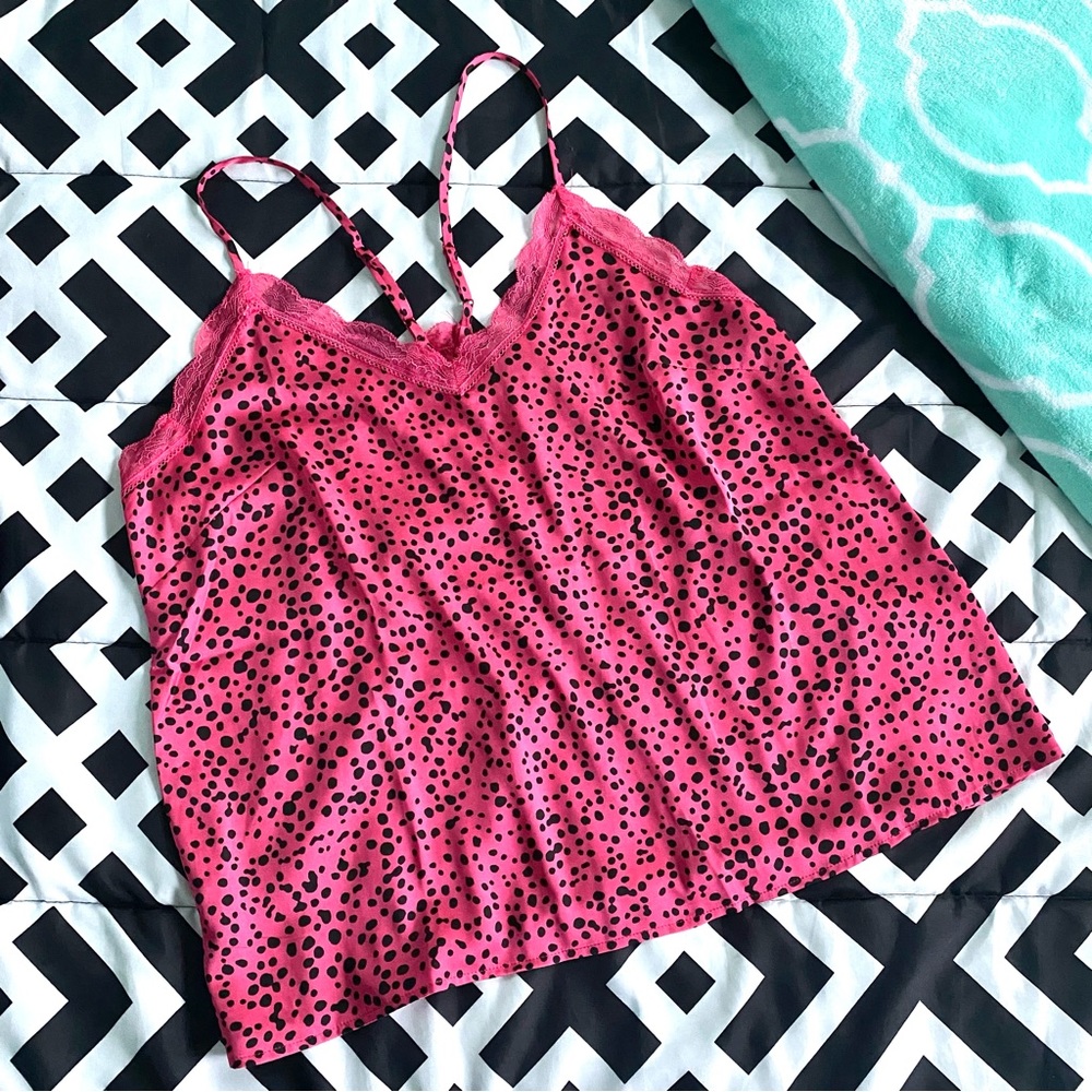 Scoop Hot Pink & Black Dot Lace Satin Cami Racerback Tank Top